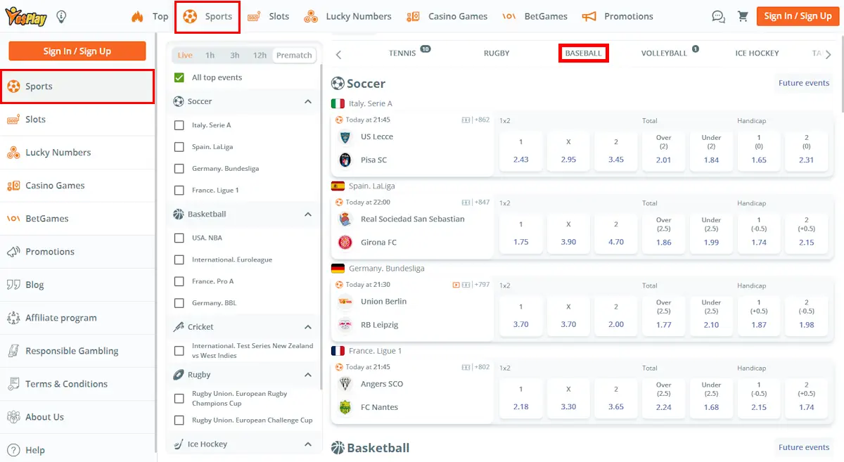 YesPlay Sports and Baseball Betting Screenshot